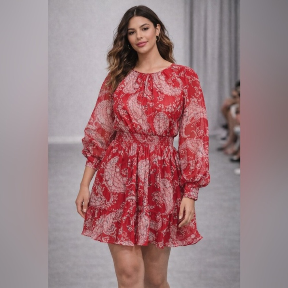 ZARA Red Paisley Mini Dress Sheer Long Sleeve Size M D05